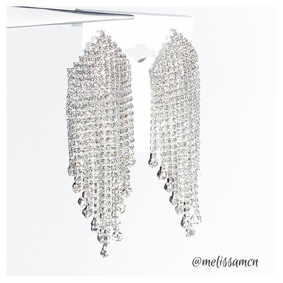 Wide Rhinestone Fringe Clip Formal Statement Earrings - Picture 4 of 6